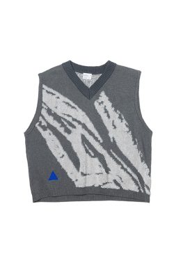 Gray Jacquard Knit Vest with Roaring Beast Concept Design - Trendy Y2K Style Fashion Statement Piece