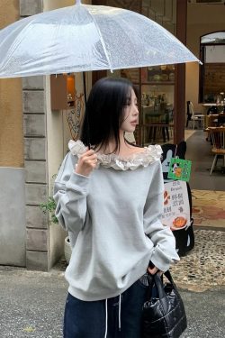 Gray Lace Off-the-Shoulder Two-Way Top - Loose Autumn Sweatshirt for Women, Trendy Gray Fashion Essential, Y2K Style