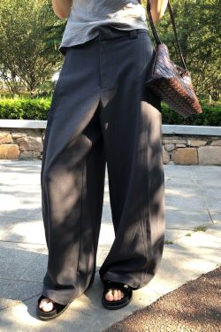 Gray Minimalist Draped Wide-Leg Suit Pants for Women - Versatile Casual 90s Style Trousers