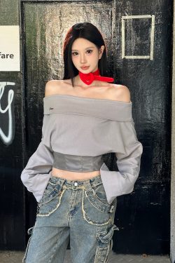 Gray One-Shoulder Long Sleeve Top with Leather Waist-Cinching Slim Fit - Autumn Fashion T-Shirt for Women