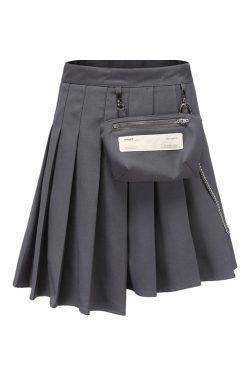Gray Pleated Skirt with Detachable Pocket - Trendy Roaring Beast Design for 90s Inspired and Y2K Fashion