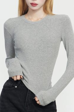 Gray Round Neck Cotton Long Sleeve Base Shirt for Women, Slim Fit 2025 Spring Autumn Style