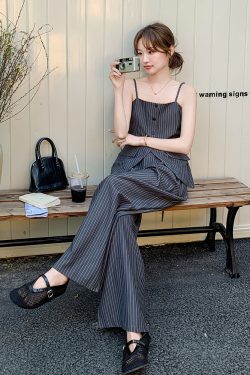Gray Striped Camisole and Wide-Leg Pants Set for Women - 2025 Summer High-End Mature Two-Piece Outfit