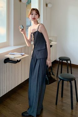 Gray Striped Camisole and Wide-Leg Pants Set for Women - 2025 Summer High-End Mature Two-Piece Outfit