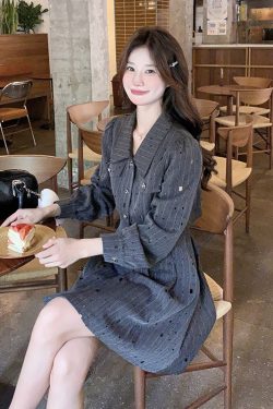 Gray Striped Shirt Dress for Women - Small Size, Slim Fit, Elegant Light Luxury Style for Spring and Autumn