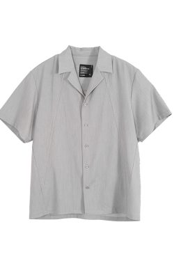 Gray Structural Line Dropped Shoulder Short Sleeve Shirt - Urban 90s Style, Contemporary Fashion, Casual Streetwear Top