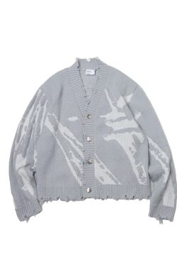 Gray Textured Jacquard Knit Cardigan for Women - Conceptual Design, Cozy Layering Essential, Chic Korean Style Outerwear