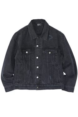 Gray Wash Distressed Denim Jacket with Roaring Beast Design – Trendy Y2K Style Outerwear for Women