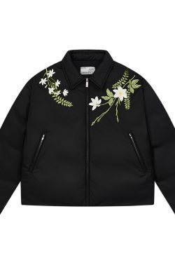 Green Floral Wreath Embroidered Down Jacket with Shoulder-Wrapped Collar, Warm Non-Quilted Coat for Y2K and Vintage Style