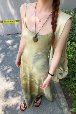 Green Gradient Slip Dress for Women - Summer Long Tea Break French Style Beach Vacation Dress