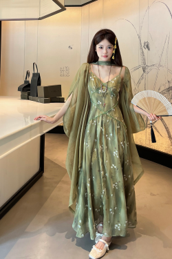 Green Lotus Wilderness Fairy Tale Chiffon Slip Dress with Sashes and Lightweight Cardigan - 90s Inspired Boho Style