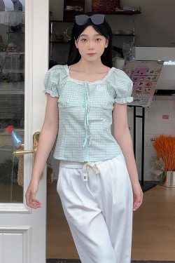 Green Plaid Short-Sleeve Shirt for Women with Bow Tie, Puff Sleeves, Square Collar, College Style, Slim Fit - Sweet Summer Top