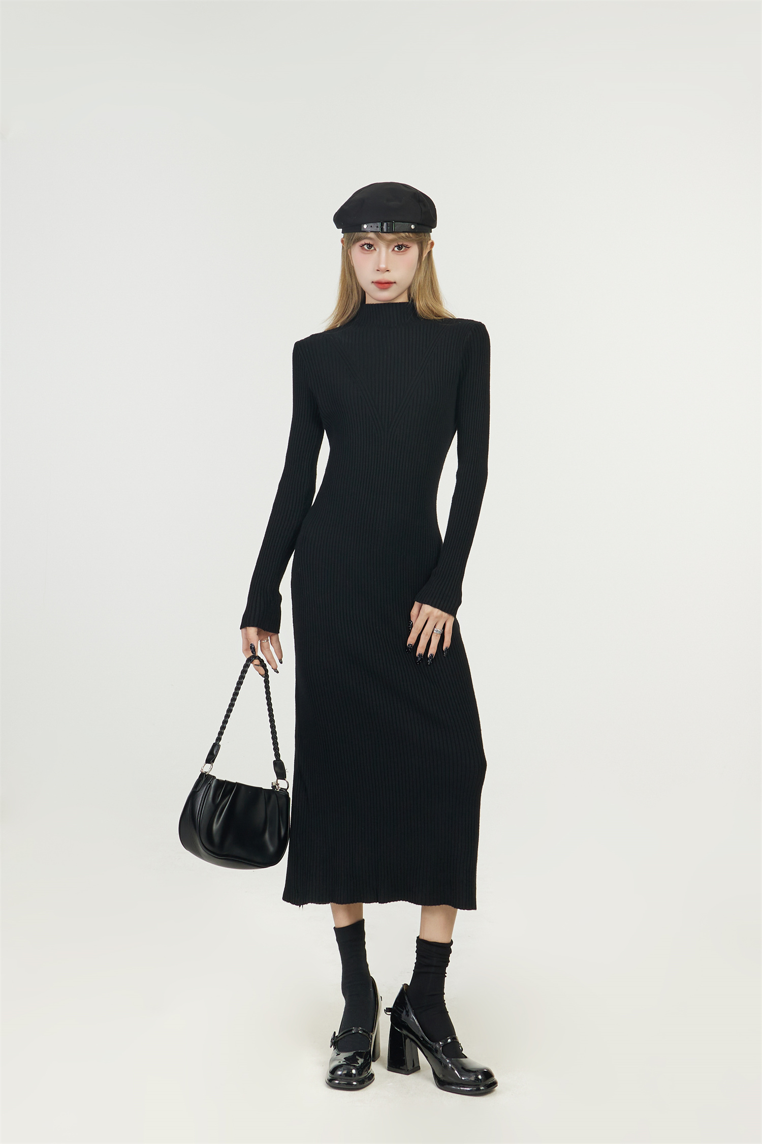 Half-High Collar Knitted Dress for Women, Over-the-Knee Long Sleeve Winter Layer, Trendy Spring Autumn Style 2025