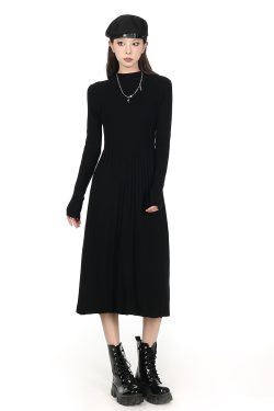 Half-High Collar Long Sleeve Knitted Dress for Women - Autumn Winter A-Line, Waist-Cinching, Slimming, Mid-Length, Elegant Style