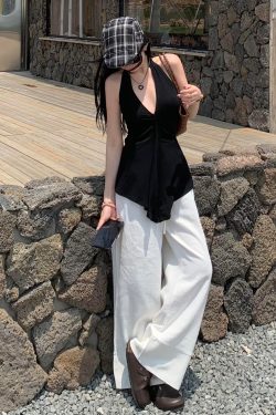 Halter Neck Black Slim Fit V-Neck Top & White Straight Leg Pants Casual Set for Women - Sweet and Spicy Style, Y2K Fashion
