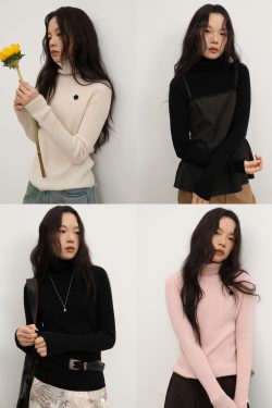 Hand-Crocheted Floral Ultra-Soft Cashmere High-Neck Ribbed Knit Base Shirt - Versatile 90s Inspired Fashion