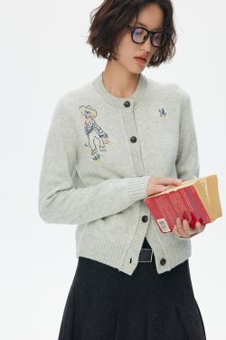Hand-Drawn Graffiti Embroidery Round Neck Slightly Loose 100% Wool Knitted Cardigan - Y2K Inspired Australian Style