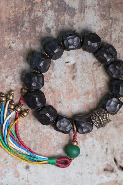 Handmade Black Sandalwood Bracelet for Men with Colorful Tassels and Unique Primitive Texture