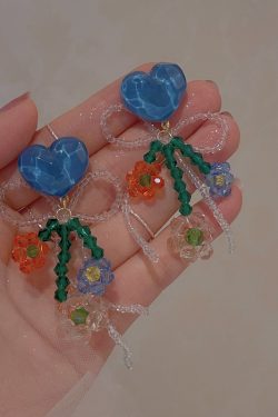 Handmade Blue Crystal Heart Earrings with Bow Bead Tassel - Exquisite High-End Women's Jewelry, Sweet and Elegant Design