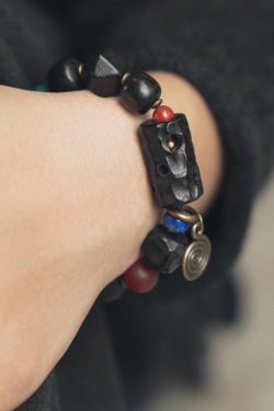 Handmade Carved Textured Ebony Wood Bracelet for Men and Women, Vintage Ethnic Style Beaded Wrist Accessory