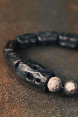 Handmade Carved Wooden and Silver Obsidian Bracelet for Women and Men, Vintage Matte Texture, Unique Personalized Gift