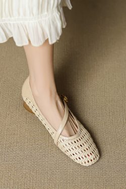 Handmade Lambskin Woven Apricot Square-Toe Mary Jane Shoes with Flat Hollow One-Strap Design - Comfortable Y2K Style Footwear