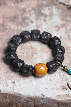 Handmade Meteorite Texture Black Sandalwood Bracelet for Men - Unique Textured Cultural Accessories, Perfect for Boho and Casual Styles