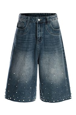 Handmade Pearl Sewn Denim Shorts - Loose Fit 3/4 Pants for Summer 2025, Trendy Casual Wear, Boho Style, Retro Fashion