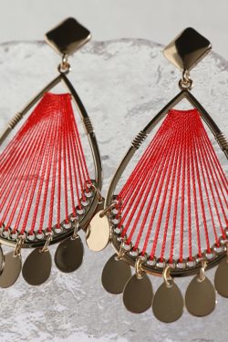 Handmade Red String Stud Earrings for Women, Korean Gold Hollow Drop Design, Elegant Ear Accessories