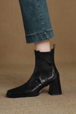Handmade Sheepskin Chunky-Heeled Square-Toe Chelsea Boots for Women - Autumn Winter High-Heeled Martin Boots