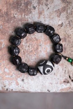 Handmade Textured Black Sandalwood Bracelet for Men - Retro Ethnic Style Tibetan Accessory with Sky Beads