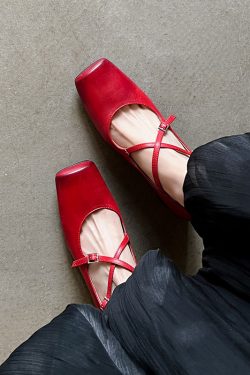 Handmade Washed Calfskin Cross-Strap Square-Toe Chunky Heel Mary Jane Flats for Women - Stylish Vintage-Inspired Ballet Shoes