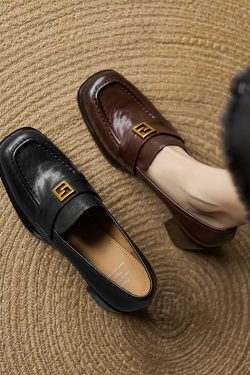 Handmade Washed Cowhide High Heel Loafers for Women with Chunky Heels and Gold Buckle - Elegant Square Toe Design