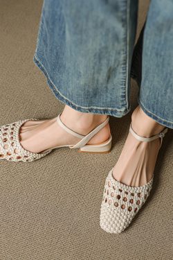 Handmade Woven Flat Mary Jane Shoes - Milk White, Low Heel, Hollowed-Out Toe, Korean Style Sandals