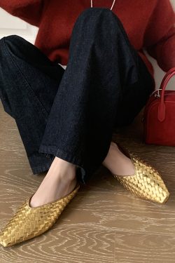 Handmade Woven Golden Genuine Leather Square-Toe Mules with Height Increase for Women - Stylish Outdoor Footwear