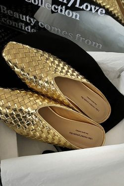 Handmade Woven Golden Genuine Leather Square-Toe Mules with Height Increase for Women - Stylish Outdoor Footwear