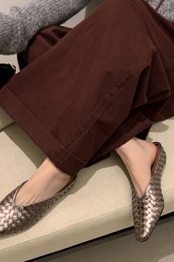 Handmade Woven Golden Genuine Leather Square-Toe Mules with Height Increase for Women - Stylish Outdoor Footwear