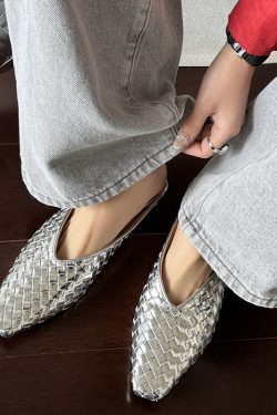 Handmade Woven Golden Genuine Leather Square-Toe Mules with Height Increase for Women - Stylish Outdoor Footwear