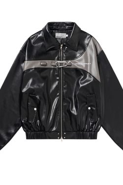 Harsh and Cruel Bungee Metal Climbing Buckle Faux Leather Jacket - Edgy Y2K Style Outerwear for Bold Fashion Statements