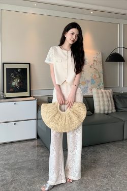 Heavy-Duty Hollow Lace Shirt and Pants Two-Piece Set for Women, Elegant Loose Summer Style, 90s-Inspired Midsummer Night Look