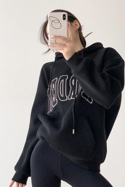 Heavyweight Hooded Sweatshirt for Women, Fleece-Lined Oversized Embroidered Jacket, Loose-Fitting Petite Top, Casual Streetwear