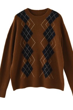 Heavyweight Vintage Diamond Pattern Cashmere Sweater - Round Neck Pullover Knitwear for a Chic New Year Look
