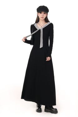 Hepburn-Style Color-Block Patchwork Hooded Dress for Women - 2025 Spring Collection, Waist-Cinching, Slimming, Elegant Long Dress