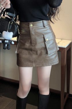 High-End Brown PU Leather Mini Skirt - Vintage A-Line Workwear, High-Waisted, Chic 90s Style