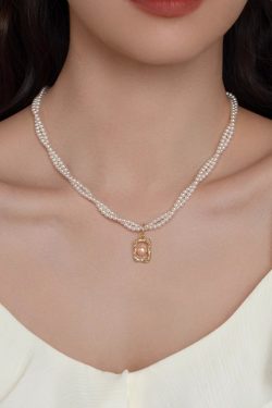 High-End Double-Layer Wrapped Bead Necklace with Square Pendant for Women - Chic Parisian Style Fashion Accessory