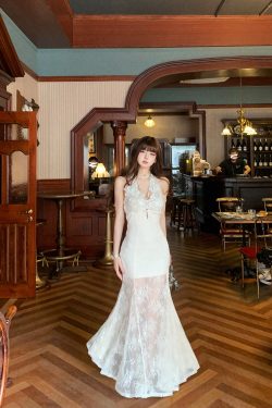 High-End French Lace Halter Dress for Women - Summer Waist-Defining Slim Long Dress with Athena's Wings Design