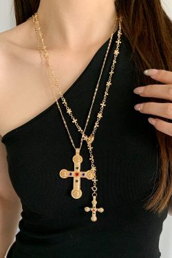 High-End Gold Cross Necklace for Women - Long Layered Clavicle Chain with Rhinestone Inlay, Trendy Niche Design
