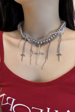 High-End Gothic Punk Cross Bead Choker Necklace for Sweet and Spicy Girls - Stylish Collarbone Chain Accessory