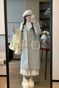 High-End Korean Style Mid-Length Coat for Women in Blue Wool with Horn Buttons - Elegant Autumn and Winter Outerwear