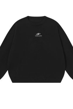 High-End Logo Embroidered Loose Casual Round Neck Pullover Sweater - Cleanfit Style, Cozy Casual Fashion for Effortless Layering